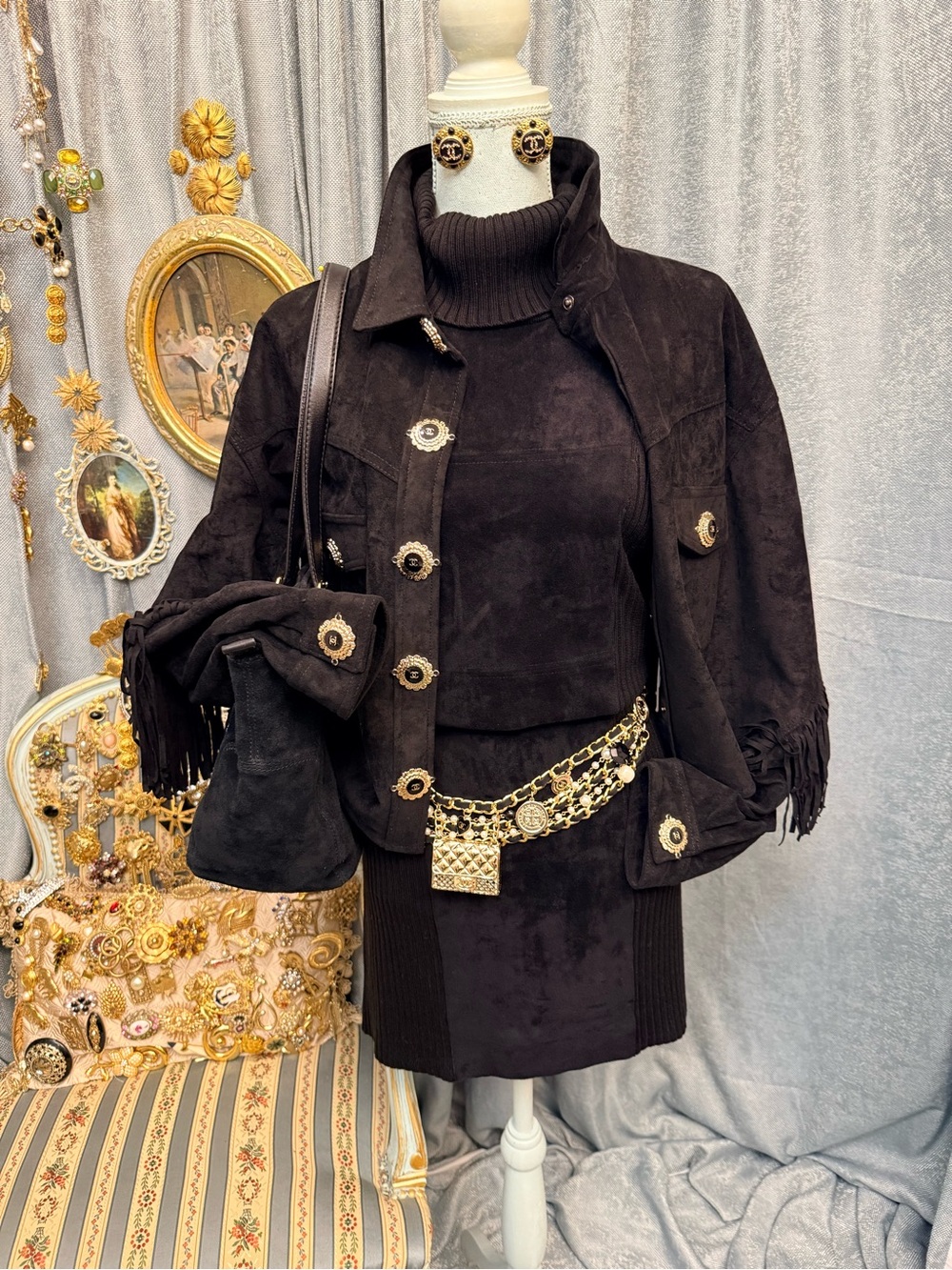 Custom Black Faux Suede Fringe Western Jacket Gold Designer Accent Buttons